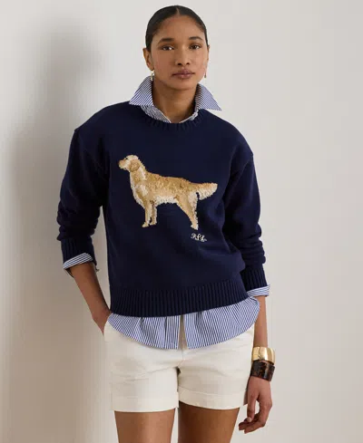 Ralph Lauren Petite Intarsia-knit Crewneck Sweater In Black