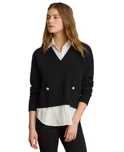 Ralph Lauren Petite Layered Button-trim Cotton Sweater In Blue