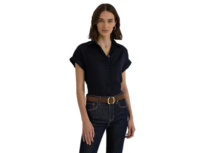 Ralph Lauren Petite Linen Short-sleeve Shirt Women's Clothing Lauren Navy: Pxs In Blue