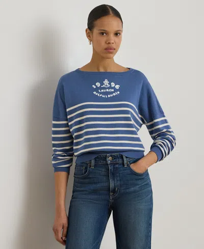 Ralph Lauren Petite Logo Striped Sweater In Blue