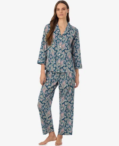 Ralph Lauren Petite Notch Collar Printed Top And Mid Rise Pajama Pants, 2-piece Set In Blue