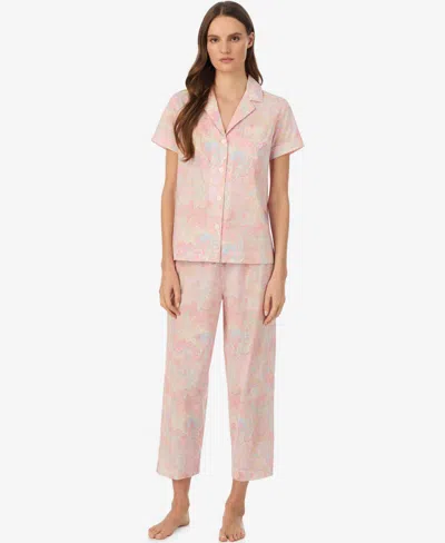 Ralph Lauren Petite Notch Collar Top And Cropped Pajama Pants, 2-piece Set In Pink