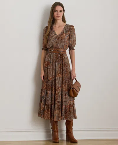Ralph Lauren Petite Paisley Belted Crinkle Georgette A-line Dress In Multi