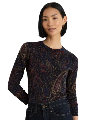 Ralph Lauren Petite Paisley Cotton-modal Crewneck Sweater In Black