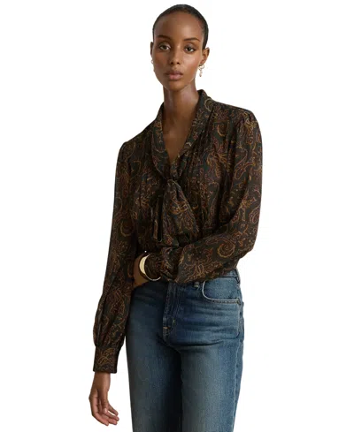 Ralph Lauren Petite Paisley Pintucked Tie-neck Blouse In Black