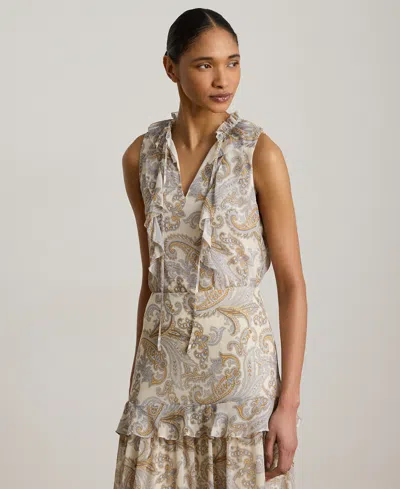 Ralph Lauren Petite Paisley Ruffle-trim Sleeveless Blouse In Brown