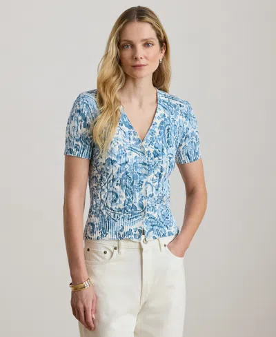 Ralph Lauren Petite Paisley-print Cable-knit V-neck Cardigan In Blue