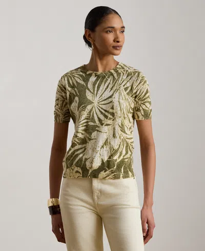 Ralph Lauren Petite Palm Frond Print Short-sleeve Sweater In Green