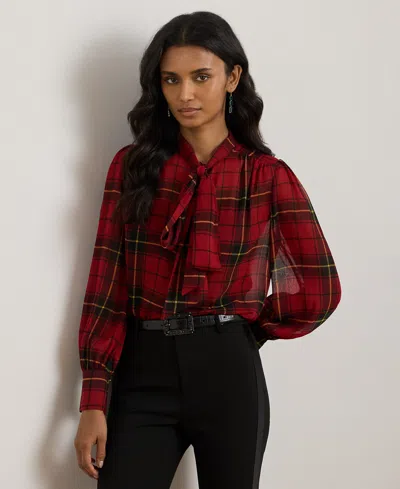 Ralph Lauren Petite Plaid Print Tie Neck Top In Multi