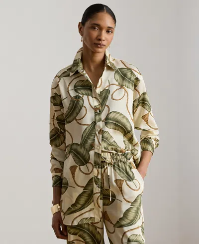Ralph Lauren Petite Point Collar Relaxed-fit Rope-print Twill Shirt In Green