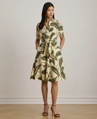 Ralph Lauren Petite Point Collar Rope-print Tie-front Shirt Dress In Green