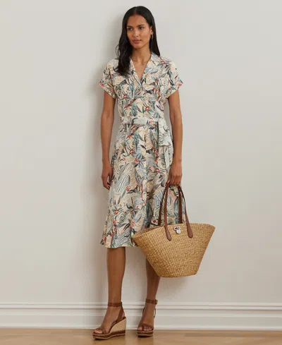 Ralph Lauren Petite Print Belted Crepe Camp Shirtdress In Cream Multi