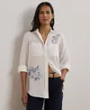 Ralph Lauren 100 Linen Womens Relaxed Fit Print Roll Tab Sleeve Shirt P Xs 3x In White