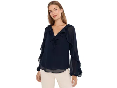 Ralph Lauren Petite Ruffle-trim Crinkle Georgette Blouse Women's Clothing Lauren Navy: Pm, Polyester In Blue