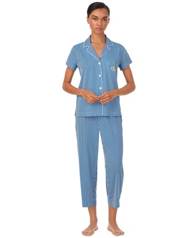 Ralph Lauren Petite Short-sleeve Cropped Pajama Set In Dark Blue Stripe