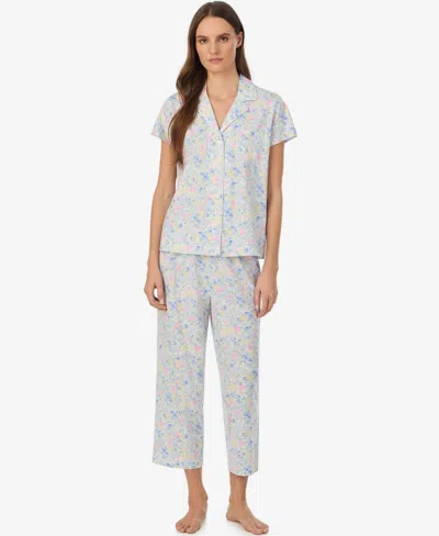 Ralph Lauren Petite Short-sleeve Notch Collar Cropped Pant Pajama Set In Blue