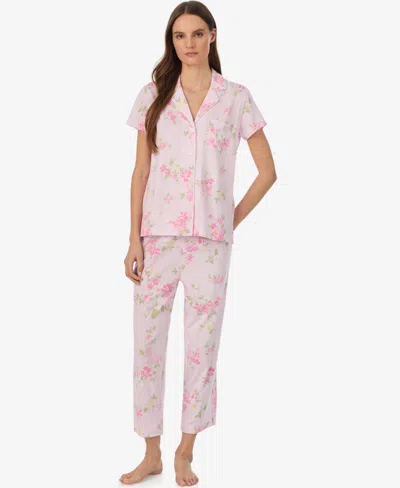 Ralph Lauren Petite Short-sleeve Notch Collar Cropped Pant Pajama Set In Multi
