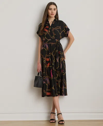Ralph Lauren Petite Spread Collar Belting-print Dress In Multi