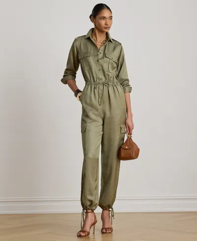 Ralph Lauren Petite Spread Collar Shantung Cargo Jumpsuit In Green