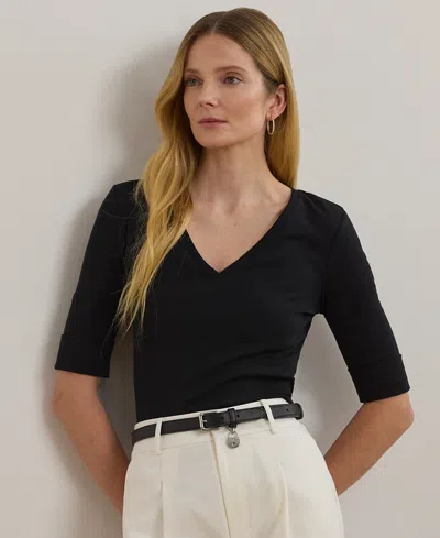 Ralph Lauren Petite Stretch Cotton Elbow-sleeve V-neck Tee In Black