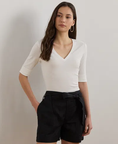Ralph Lauren Petite Stretch Cotton Elbow-sleeve V-neck Tee In White