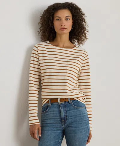 Ralph Lauren Petite Striped Jersey Snap-trim Boatneck Top In Multi