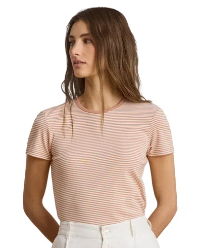 Ralph Lauren Petite Striped Rib-knit Stretch Crewneck T-shirt In Neutral