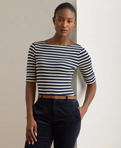 Ralph Lauren Petite Striped Stretch Cotton Boatneck Tee In Black