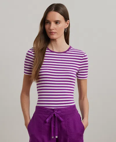 Ralph Lauren Petite Striped Stretch Cotton Crewneck Tee In Purple