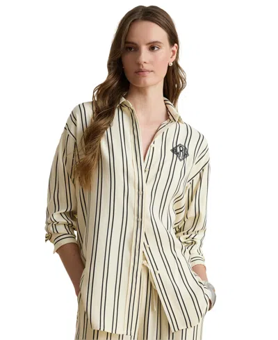 Ralph Lauren Petite Striped-jacquard Embroidered-logo Long-sleeve Blouse In Neutral