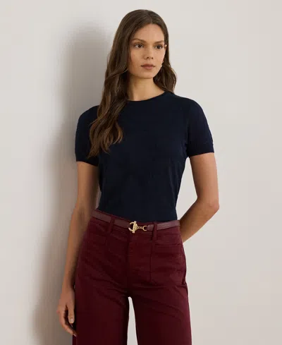 Ralph Lauren Petite Textured Belting-motif Short Sleeve Sweater In Blue