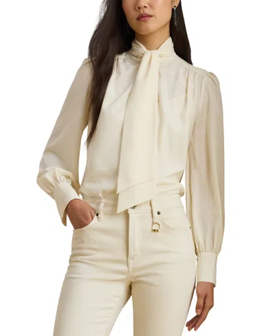 Ralph Lauren Petite Tie-neck Long-blouson Sleeves Imitation-pearl Buttons Blouse In Neutral