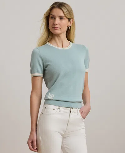 Ralph Lauren Petite Two-tone Short-sleeve Sweater In Aqua Pearl,mascarpone Cream