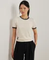 Ralph Lauren Lauren  Floral Cotton Blend Short Sleeve Sweater In Mascarpone Cream,black