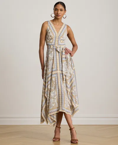 Ralph Lauren Petite V-neck Handkerchief-hem Dress In Multi
