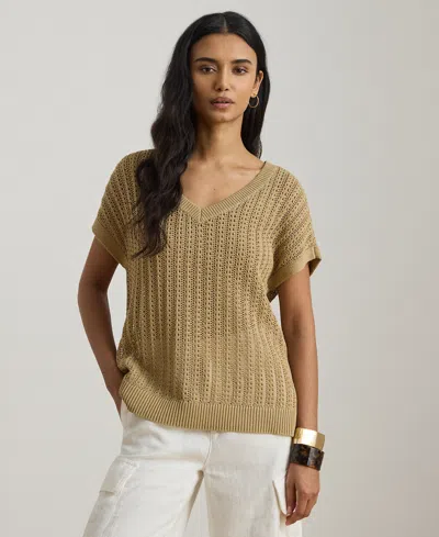 Ralph Lauren Petite V-neck Open-knit Sweater In Multi