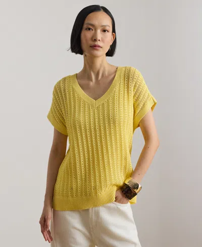 Ralph Lauren Petite V-neck Open-knit Sweater In Multi