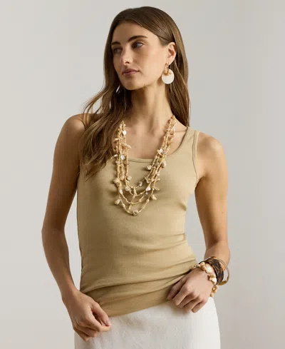 Ralph Lauren Petite Yellow Rib-knit Scoop Neck Stretch Tank Top In Multi