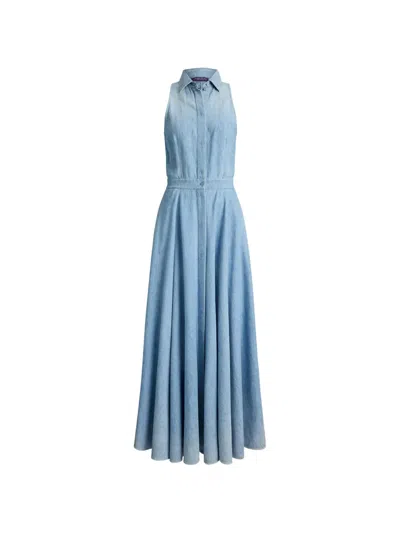 Ralph Lauren Sleeveless Cotton Denim Collared Maxi Day Shirtdress In Blue