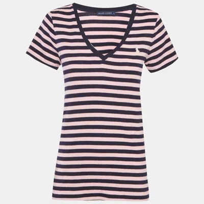 Pre-owned Ralph Lauren Pink & Navy Blue Striped Cotton Knit V-neckk T-shirt L
