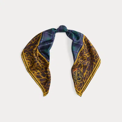 Ralph Lauren Plaid & Leopard-print Silk Square Scarf In Brown
