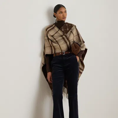 Ralph Lauren Plaid & Logo Jacquard Reversible Ruana In Brown