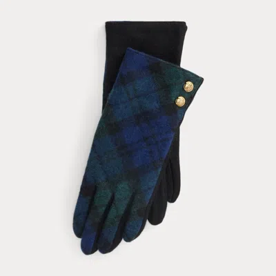 Ralph Lauren Plaid Button-trim Wool-blend Gloves In Blue