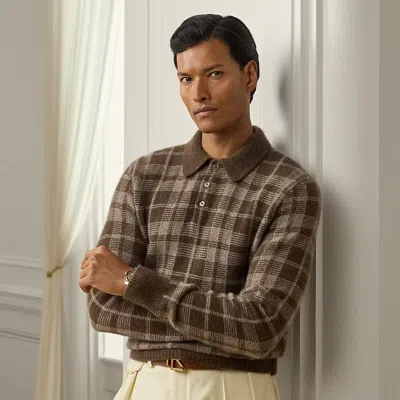 Ralph Lauren Plaid Cashmere Polo-collar Sweater In Brown