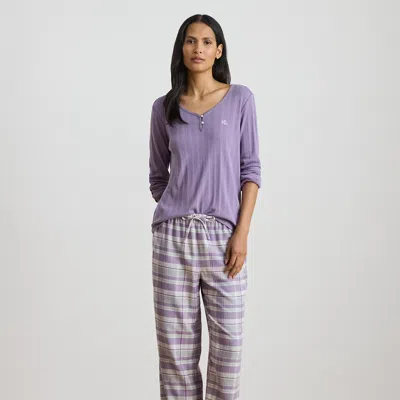 Ralph Lauren Plaid Cotton-blend Henley Pajama Set In Purple
