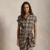 Polo Ralph Lauren Plaid Cotton Faux-wrap Shirtdress In Yellow/green/navy Multi