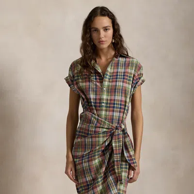 Polo Ralph Lauren Plaid Cotton Faux-wrap Shirtdress In Yellow/green/navy Multi