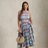Ralph Lauren Plaid Cotton Halter Wrap Dress In Teal Pink