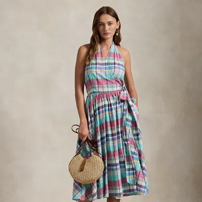 Ralph Lauren Plaid Cotton Halter Wrap Dress In Teal Pink