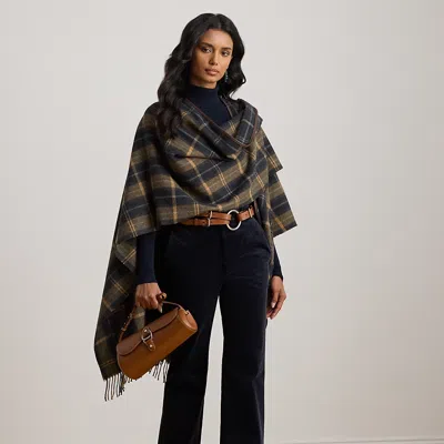 Ralph Lauren Plaid Faux-leather-trim Ruana In Blue